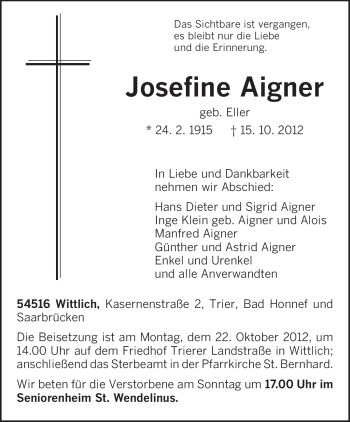 Traueranzeige von Josefine Aigner von TRIERISCHER VOLKSFREUND