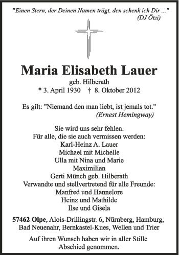 Traueranzeige von Maria Elisabeth Lauer von TRIERISCHER VOLKSFREUND