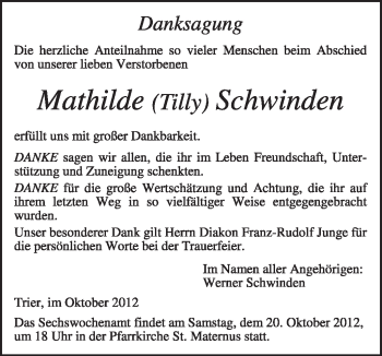 Traueranzeige von Mathilde Schwinden von TRIERISCHER VOLKSFREUND