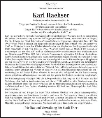 Traueranzeige von Karl Haehser von TRIERISCHER VOLKSFREUND