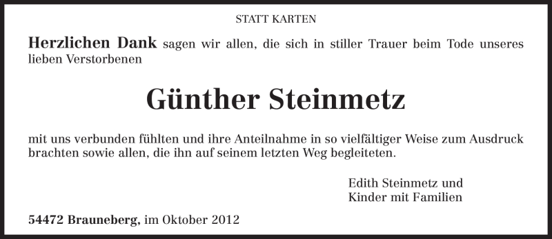  Traueranzeige für Günther Steinmetz vom 20.10.2012 aus TRIERISCHER VOLKSFREUND
