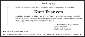 Traueranzeige von Kurt Franzen von TRIERISCHER VOLKSFREUND