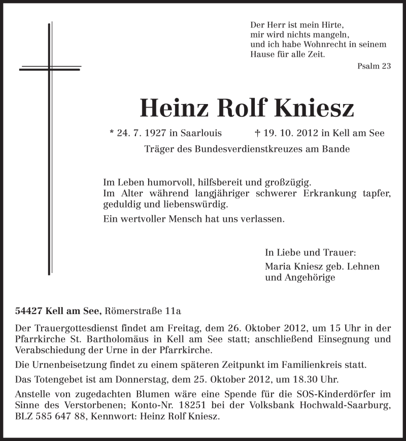  Traueranzeige für Heinz Rolf Kniesz vom 23.10.2012 aus TRIERISCHER VOLKSFREUND