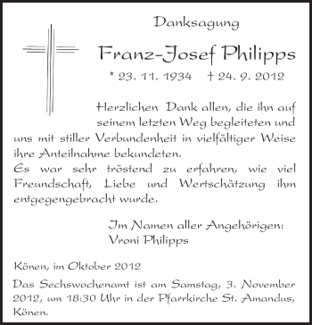 Traueranzeige von Franz-Josef Philipps von TRIERISCHER VOLKSFREUND