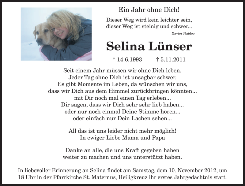  Traueranzeige für Selina Lünser vom 05.11.2012 aus TRIERISCHER VOLKSFREUND