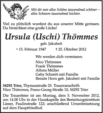 Traueranzeige von Ursula Thömmes von TRIERISCHER VOLKSFREUND