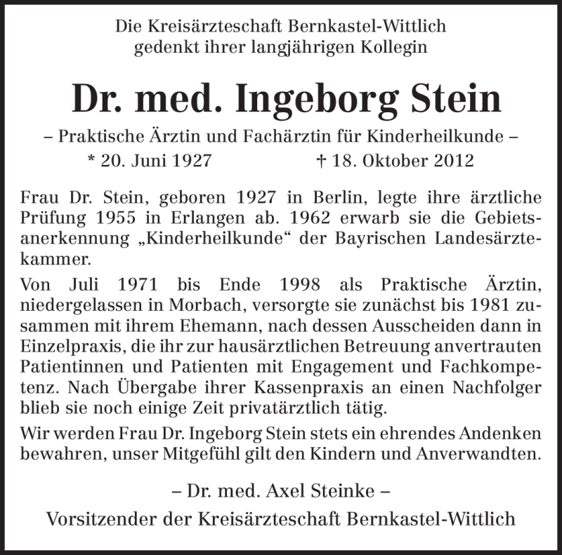  Traueranzeige für Ingeborg Stein vom 01.11.2012 aus TRIERISCHER VOLKSFREUND