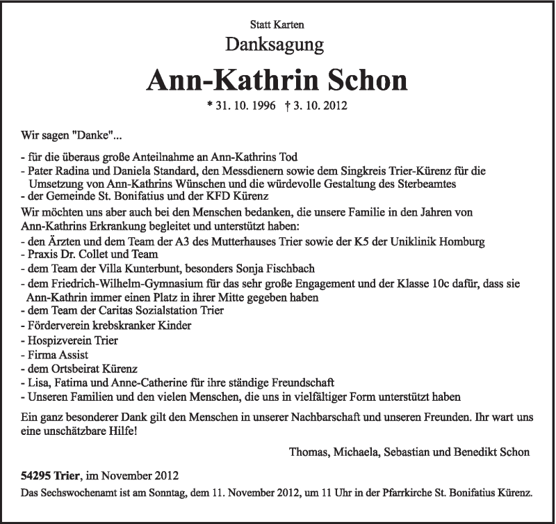  Traueranzeige für Ann-Kathrin Schon vom 03.11.2012 aus TRIERISCHER VOLKSFREUND