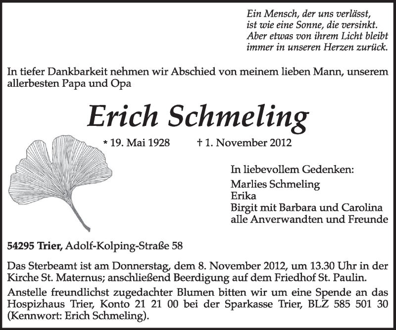  Traueranzeige für Erich Schmeling vom 05.11.2012 aus TRIERISCHER VOLKSFREUND
