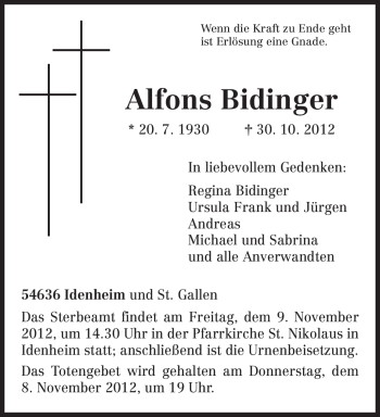 Traueranzeige von Alfons Bidinger von TRIERISCHER VOLKSFREUND