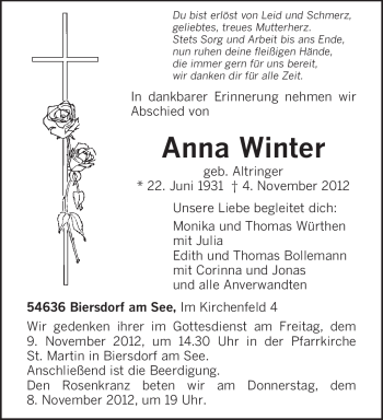Traueranzeige von Anna Winter von TRIERISCHER VOLKSFREUND