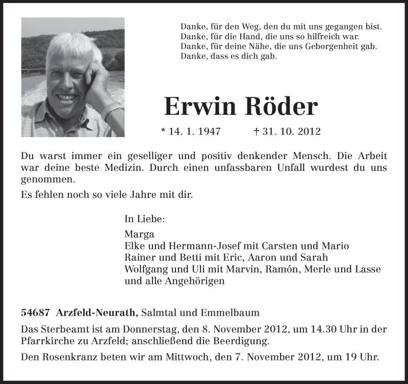  Traueranzeige für Erwin Röder vom 06.11.2012 aus TRIERISCHER VOLKSFREUND