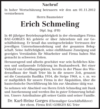 Traueranzeige von Erich Schmeling von TRIERISCHER VOLKSFREUND