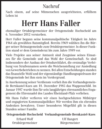 Traueranzeige von Hans Faller von TRIERISCHER VOLKSFREUND