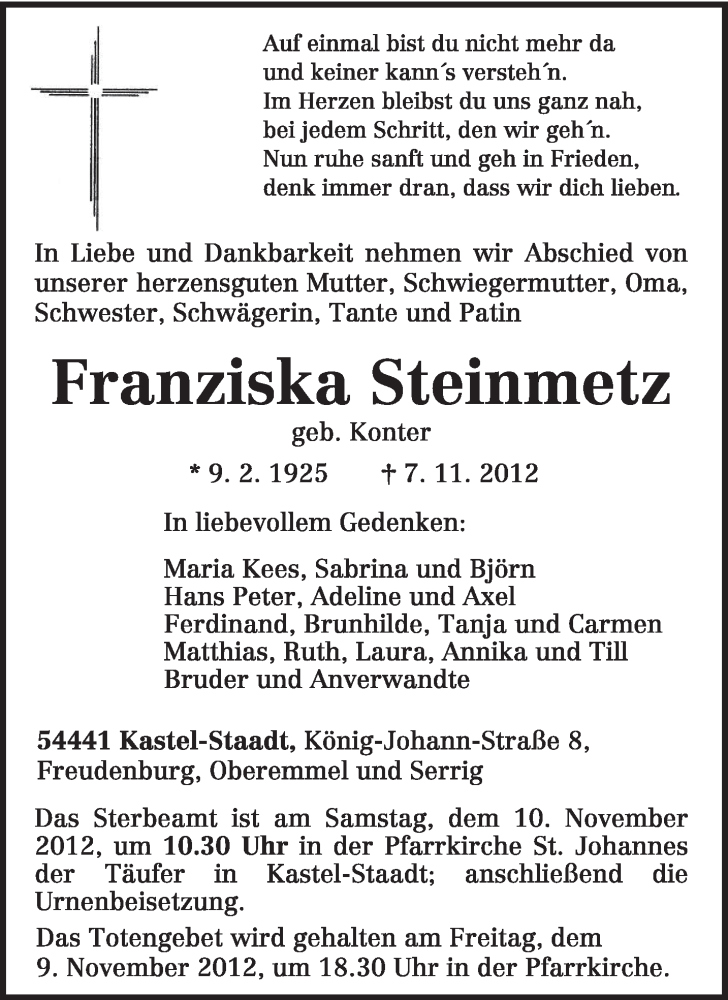  Traueranzeige für Franziska Steinmetz vom 08.11.2012 aus TRIERISCHER VOLKSFREUND