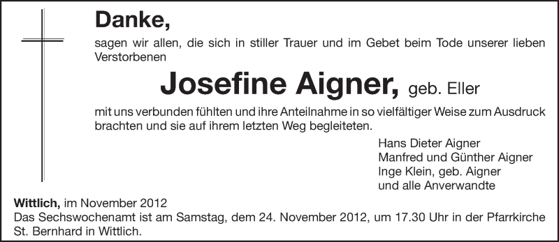  Traueranzeige für Josefine Aigner vom 20.11.2012 aus TRIERISCHER VOLKSFREUND