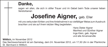 Traueranzeige von Josefine Aigner von TRIERISCHER VOLKSFREUND