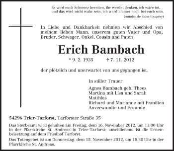Traueranzeige von Erich Bambach von TRIERISCHER VOLKSFREUND