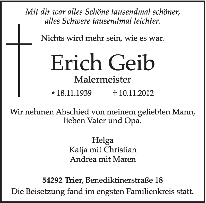  Traueranzeige für Erich Geib vom 19.11.2012 aus TRIERISCHER VOLKSFREUND