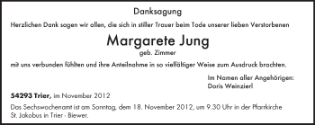 Traueranzeige von Margarete Jung von TRIERISCHER VOLKSFREUND