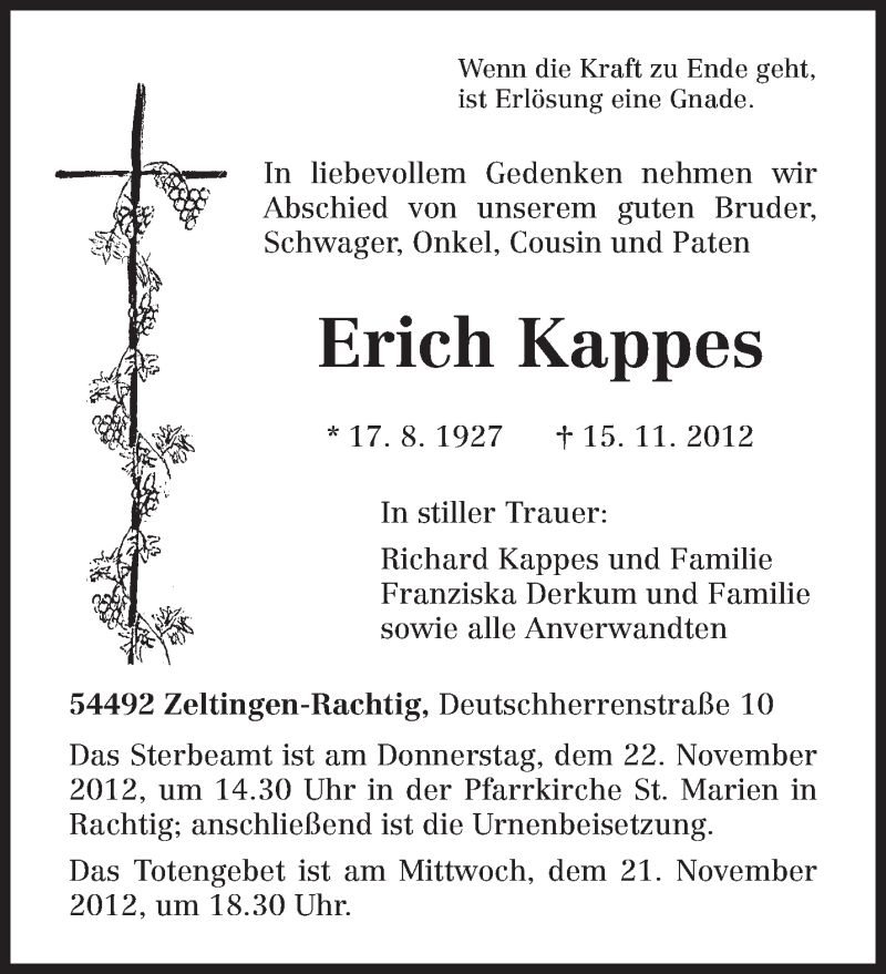  Traueranzeige für Erich Kappes vom 17.11.2012 aus TRIERISCHER VOLKSFREUND