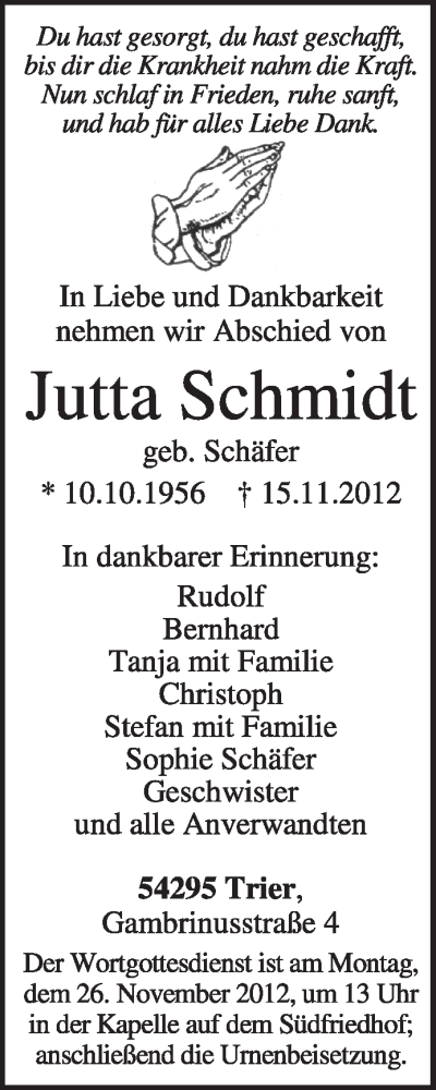  Traueranzeige für Jutta Schmidt vom 21.11.2012 aus TRIERISCHER VOLKSFREUND