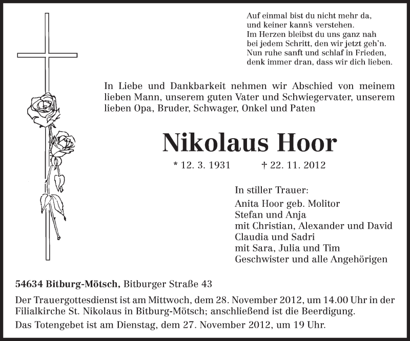  Traueranzeige für Nikolaus Hoor vom 26.11.2012 aus TRIERISCHER VOLKSFREUND