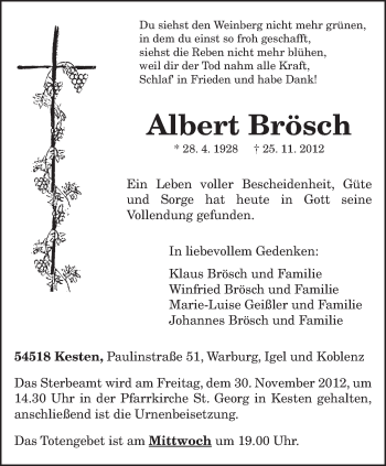 Traueranzeige von Albert Brösch von TRIERISCHER VOLKSFREUND