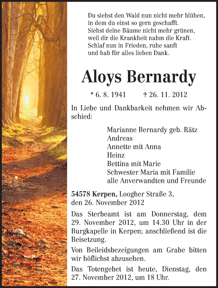  Traueranzeige für Aloys Bernardy vom 27.11.2012 aus TRIERISCHER VOLKSFREUND