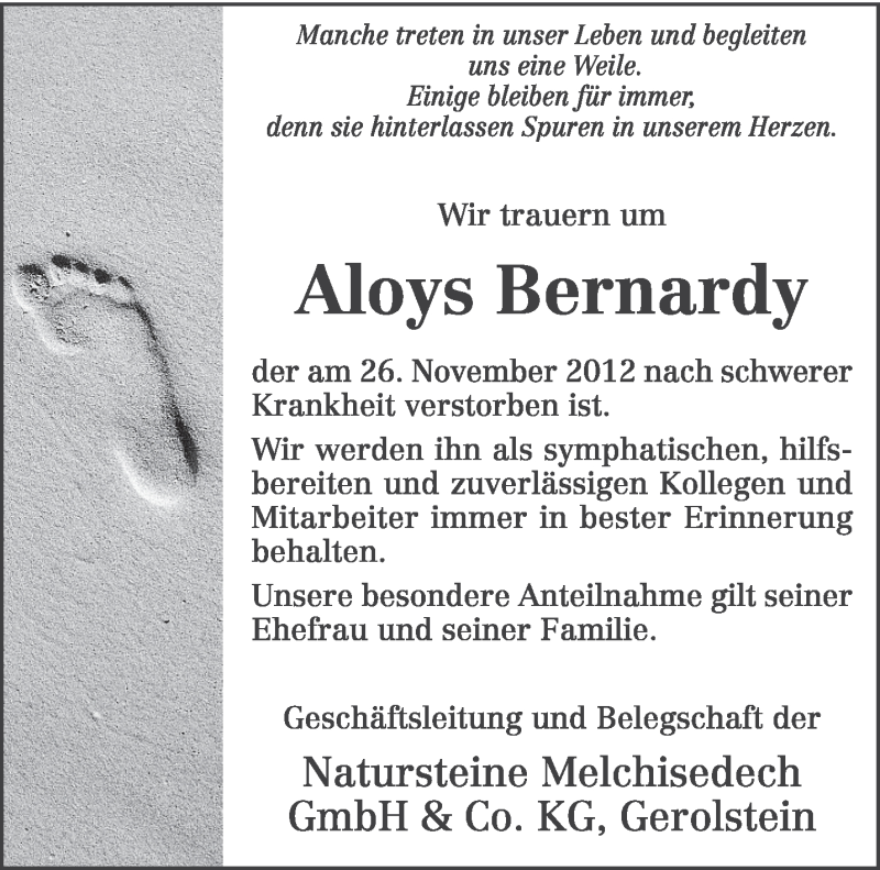  Traueranzeige für Aloys Bernardy vom 28.11.2012 aus TRIERISCHER VOLKSFREUND