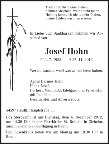 Traueranzeige von Josef Hohn von TRIERISCHER VOLKSFREUND