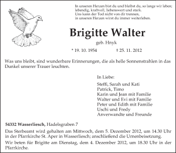 Traueranzeige von Brigitte Walter von TRIERISCHER VOLKSFREUND