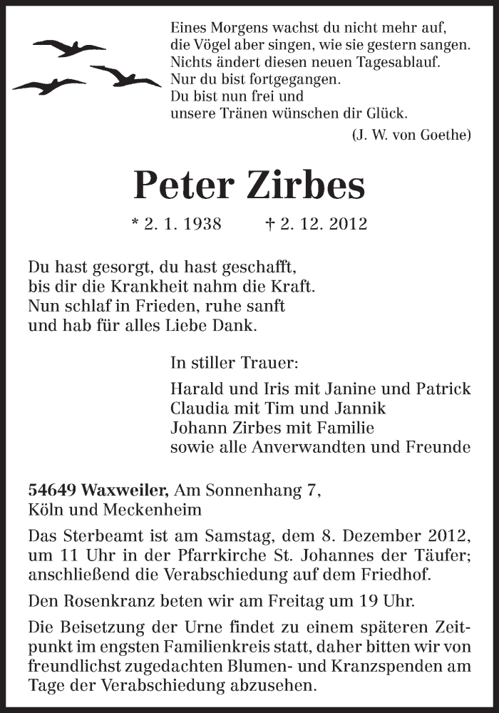  Traueranzeige für Peter Zirbes vom 04.12.2012 aus TRIERISCHER VOLKSFREUND