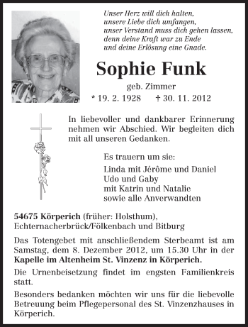 Traueranzeige von Sophie Funk von TRIERISCHER VOLKSFREUND