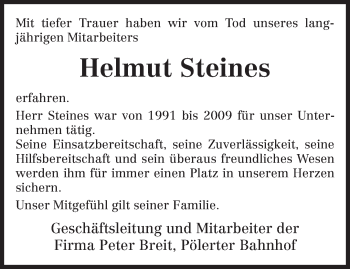 Traueranzeige von Helmut Steines von TRIERISCHER VOLKSFREUND