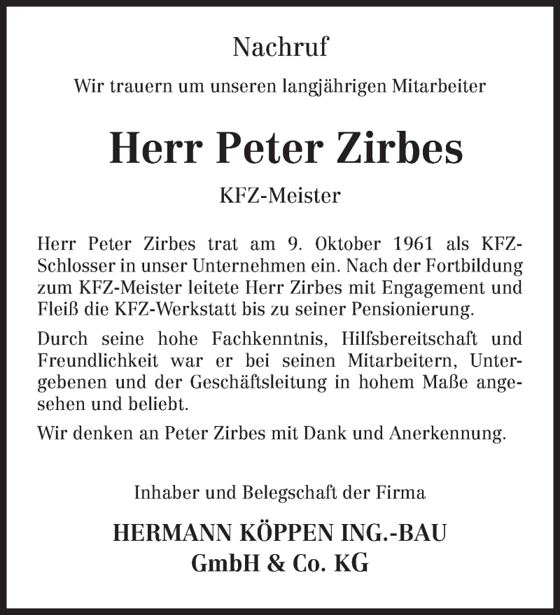 Traueranzeige für Peter Zirbes vom 08.12.2012 aus TRIERISCHER VOLKSFREUND