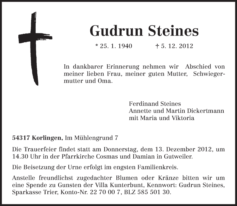  Traueranzeige für Gudrun Steines vom 10.12.2012 aus TRIERISCHER VOLKSFREUND