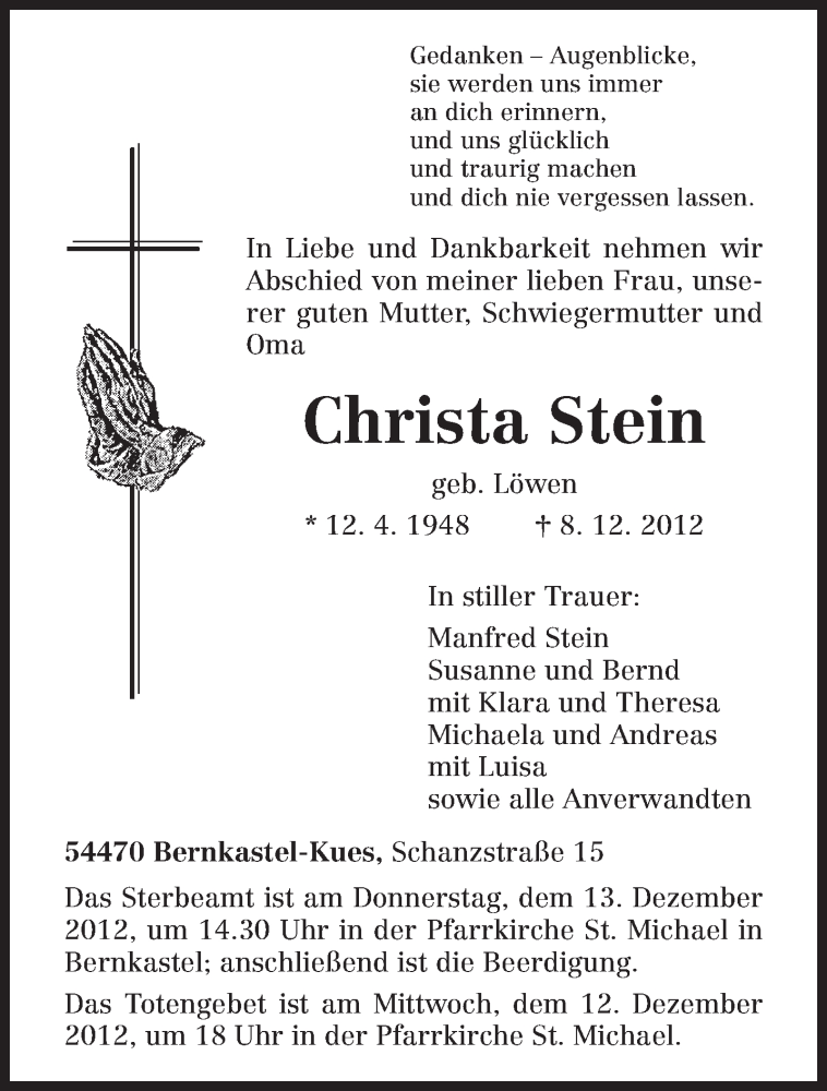  Traueranzeige für Christa Stein vom 10.12.2012 aus TRIERISCHER VOLKSFREUND