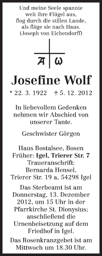 Traueranzeige von Josefine Wolf von TRIERISCHER VOLKSFREUND