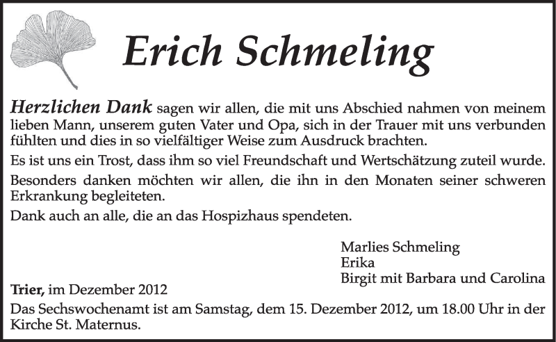  Traueranzeige für Schmeling Erich vom 12.12.2012 aus TRIERISCHER VOLKSFREUND
