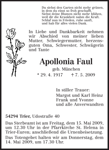 Traueranzeige von Apollonia Faul von TRIERISCHER VOLKSFREUND