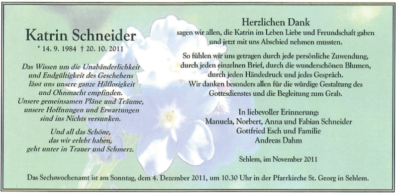  Traueranzeige für Katrin Schneider vom 26.11.2011 aus TRIERISCHER VOLKSFREUND
