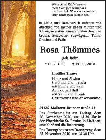 Traueranzeige von Rosa Thömmes von TRIERISCHER VOLKSFREUND