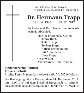Traueranzeige von Trapp Dr. Hermann von TRIERISCHER VOLKSFREUND