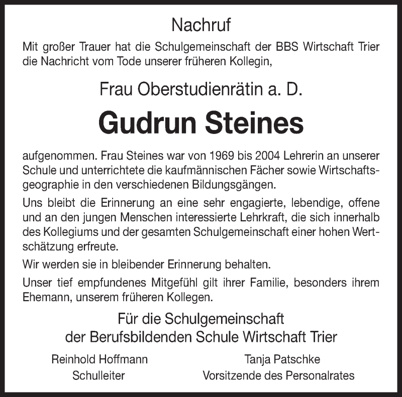  Traueranzeige für Gudrun Steines vom 13.12.2012 aus TRIERISCHER VOLKSFREUND