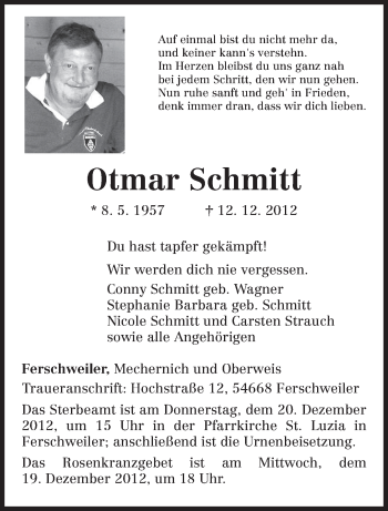 Traueranzeige von Otmar Schmitt von TRIERISCHER VOLKSFREUND