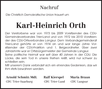 Traueranzeige von Karl-Heinrich Orth von TRIERISCHER VOLKSFREUND