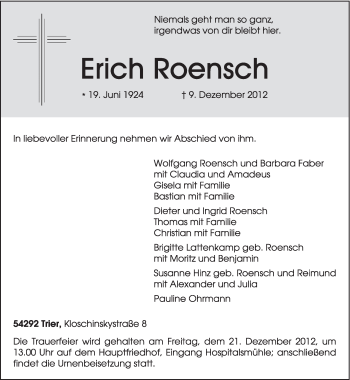 Traueranzeige von Erich Roensch von TRIERISCHER VOLKSFREUND