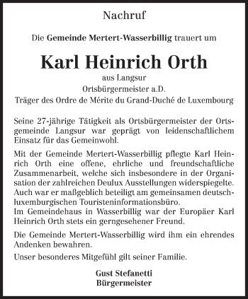 Traueranzeige von Karl Heinrich Orth von TRIERISCHER VOLKSFREUND