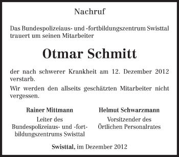 Traueranzeige von Otmar Schmitt von TRIERISCHER VOLKSFREUND